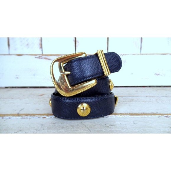 Dark blue gold crown/medallion faux leather statement belt - Picture 4 of 5